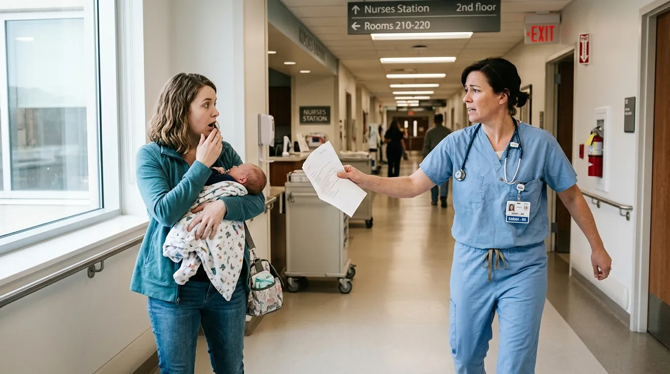 A distressed nurse stops a young mother in a hospital hallway, handing her an official document.