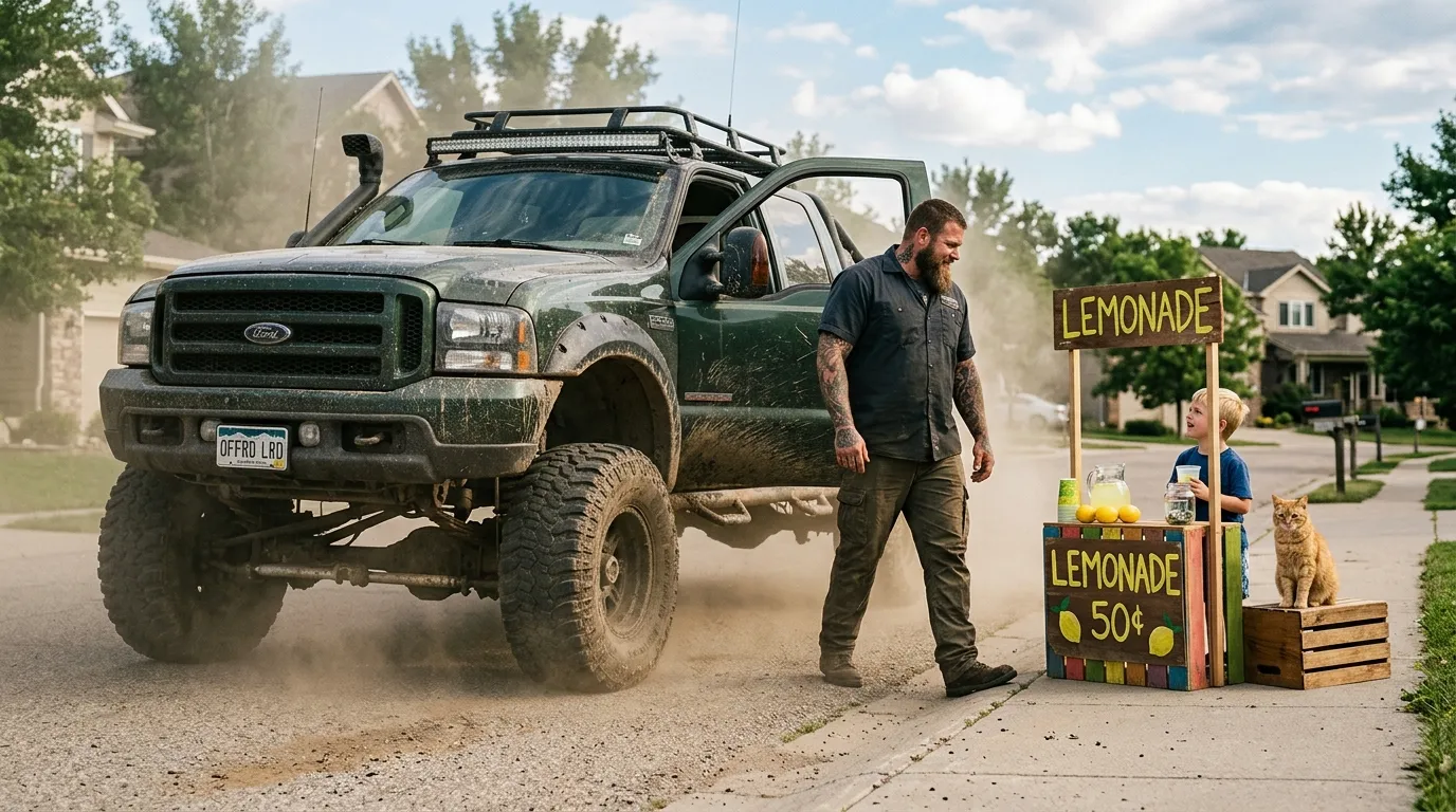 Massive off-road truck stopping at a lemonade stand with a large bearded man