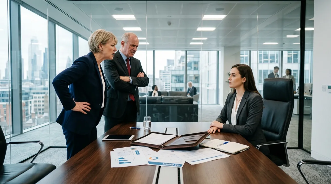 A young businesswoman sitting calmly at a conference table while an older couple stands across from her looking frustrated next to an open leather folder