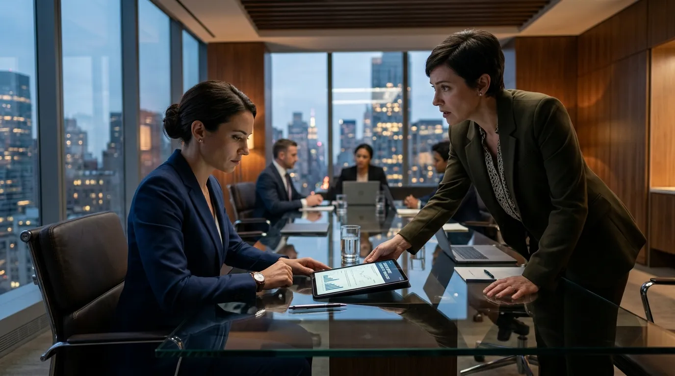 Two businesswomen in a modern office looking seriously at a digital tablet.