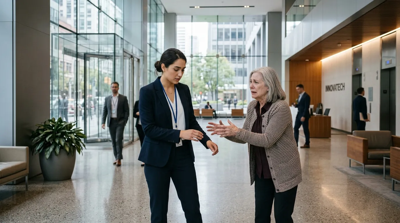Maya pulling her hands away from her distressed mother in a bright corporate office lobby