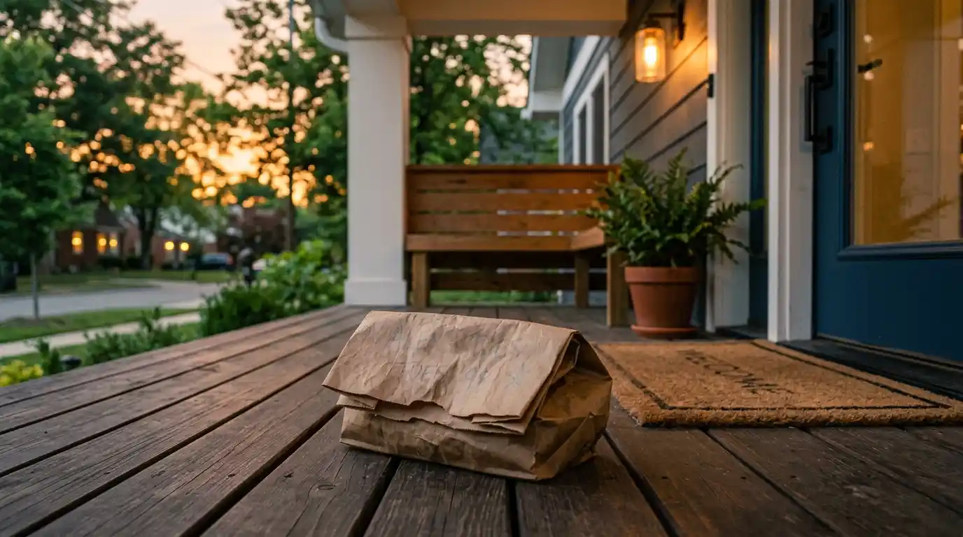 A crinkled, vintage brown paper lunch bag sitting on a porch at dusk