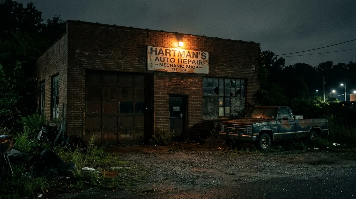 An abandoned auto repair shop at night