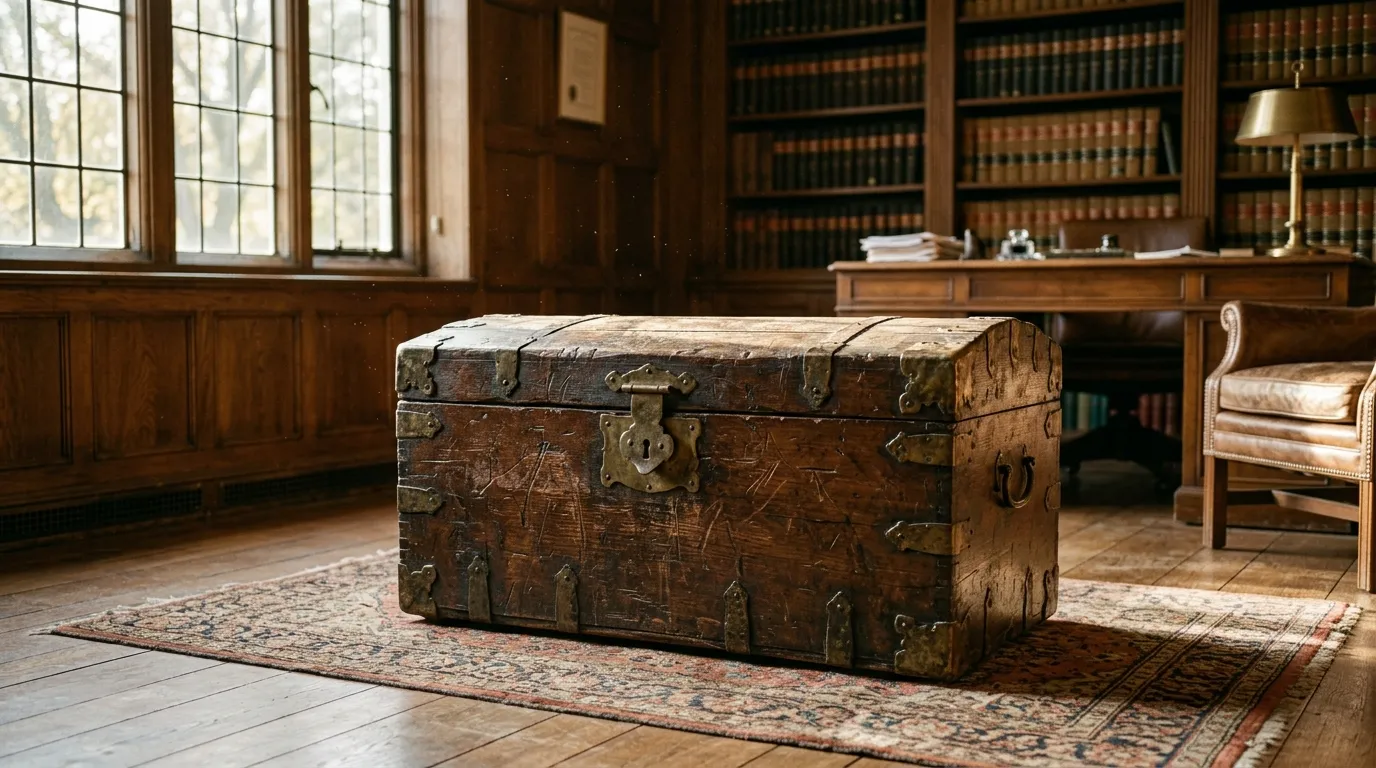 An old, scratched wooden chest sitting in a quiet room.