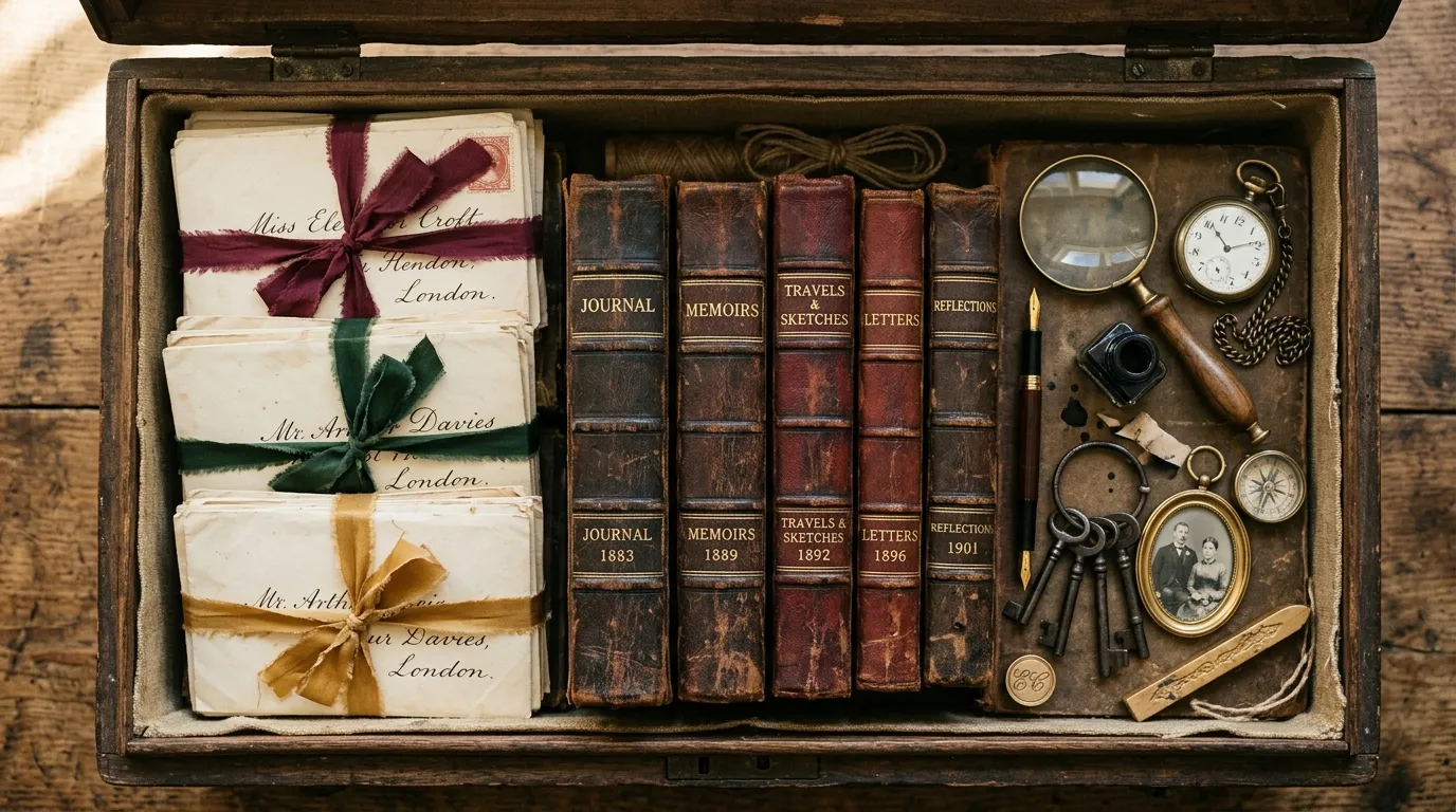 Looking inside a wooden chest filled with leather journals and tied envelopes.