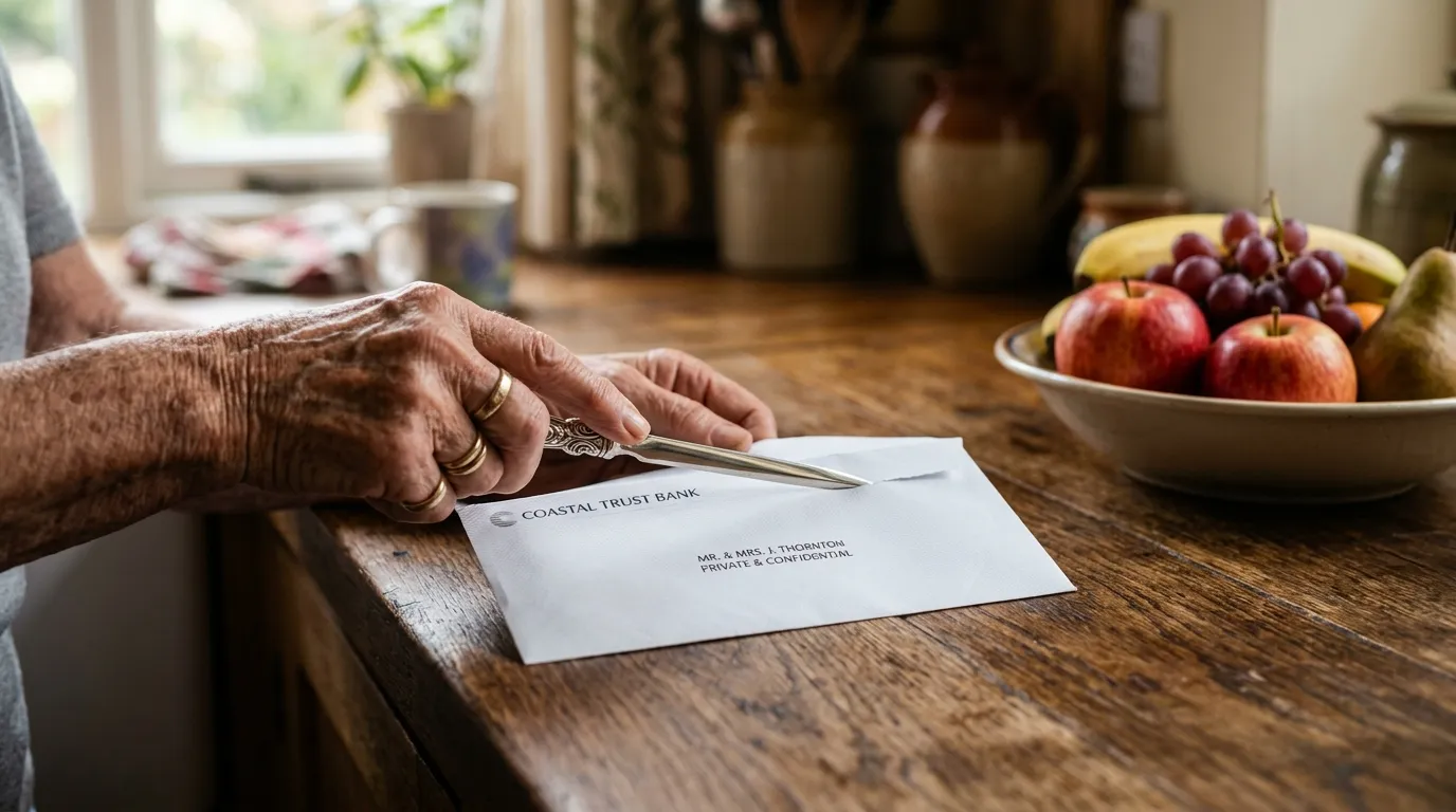 Elderly hands opening a bank envelope with a silver letter opener