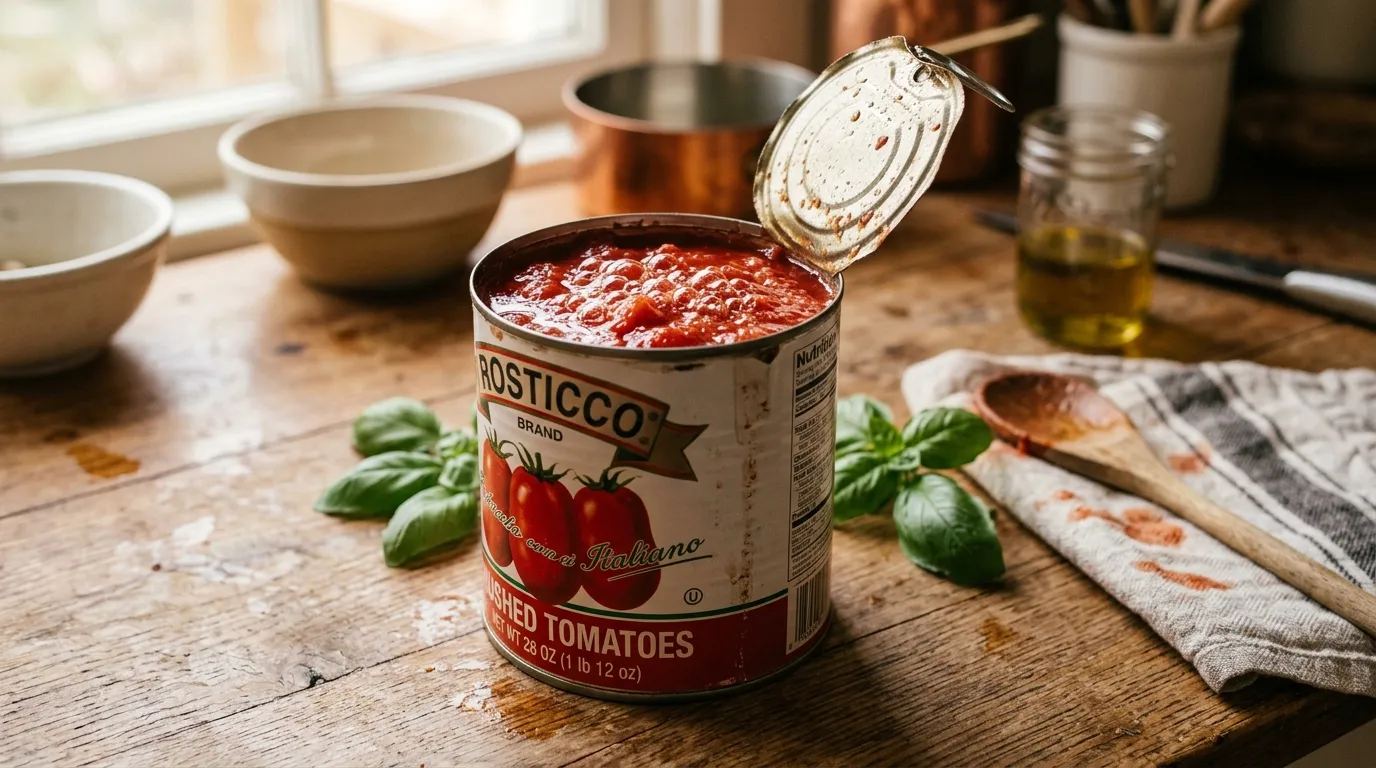Freshly opened can of tomatoes on a wooden counter with tiny, harmless clear bubbles on the surface.