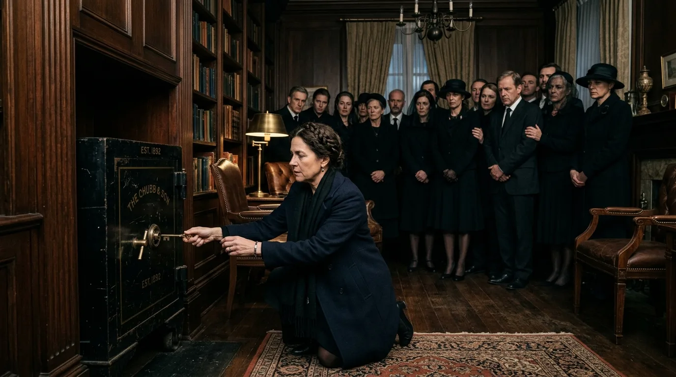 A dimly lit, classic wood-paneled study. A woman kneels in front of an old steel safe, turning a brass key, while a crowd of anxious relatives stands behind her in suspense.