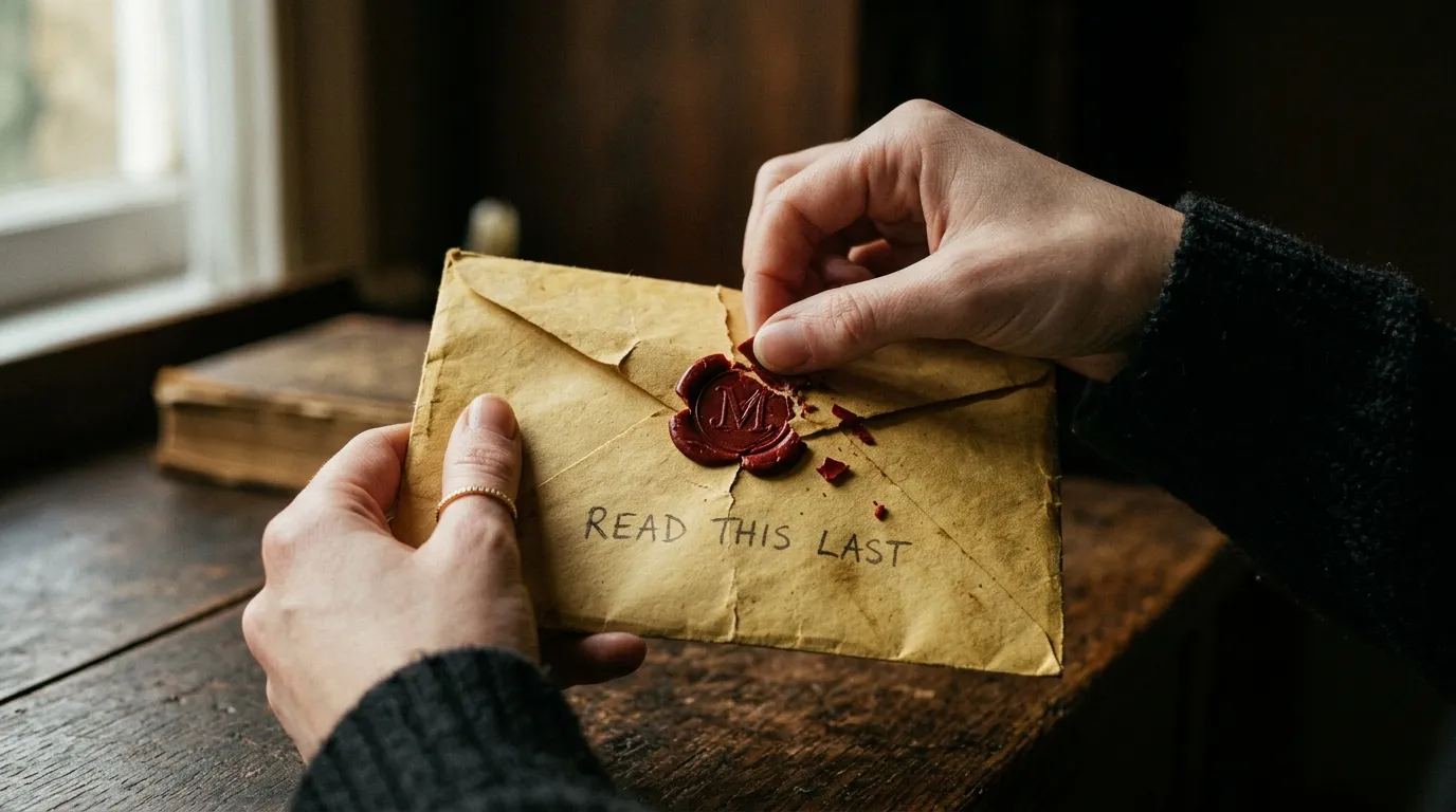 Trembling hands breaking the seal of an old envelope with 'READ THIS LAST' written on it