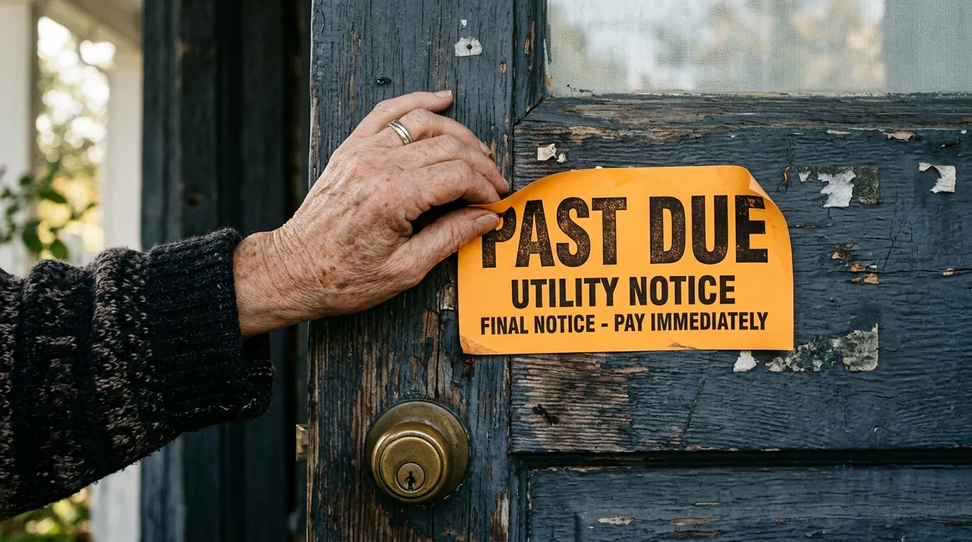 Helen's hand removing an orange past-due utility notice from a weathered door.