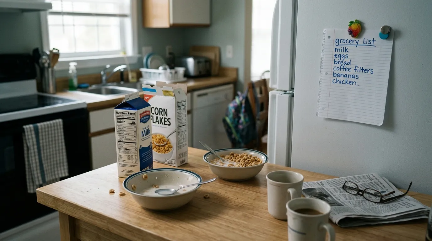 A quiet kitchen counter with two cereal bowls and a grocery list on the refrigerator, capturing the illusion of an ordinary morning before devastating news.