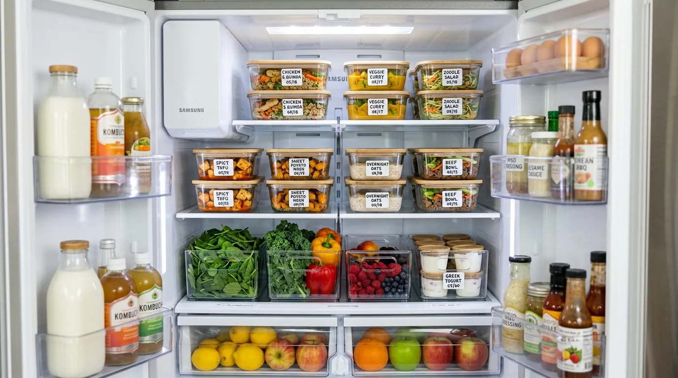 An organized refrigerator with prepped meals in labeled glass containers.