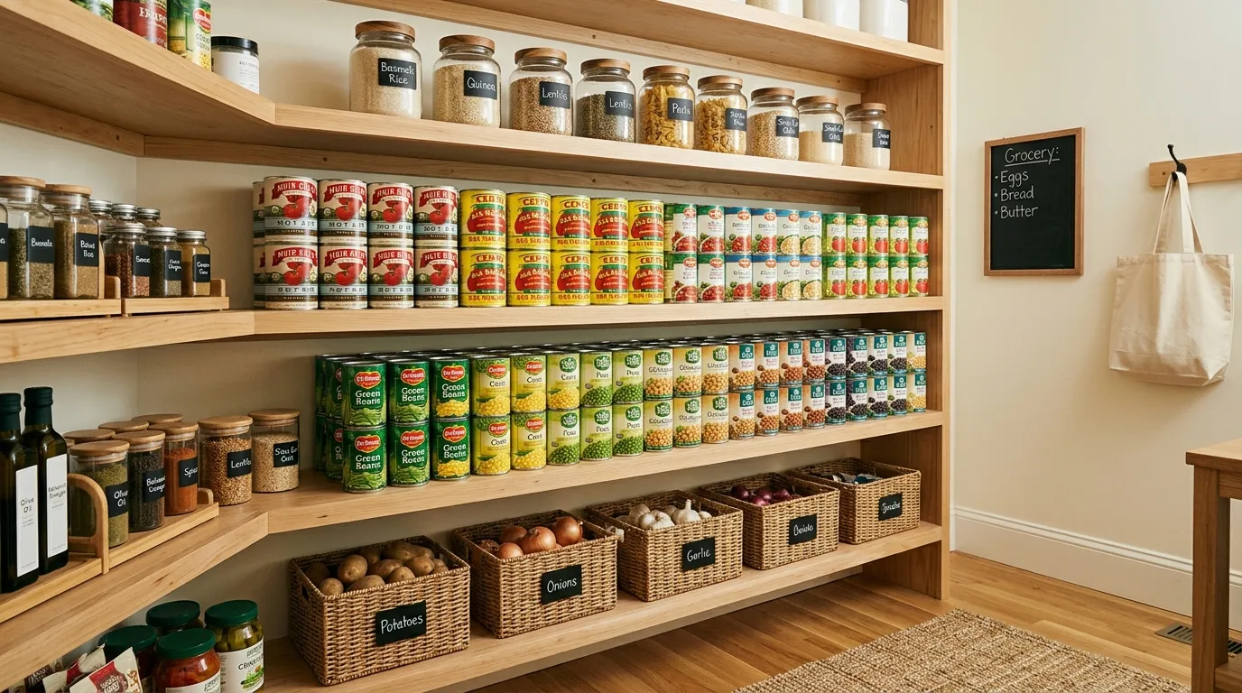 A neat and organized home pantry with rows of canned tomatoes stored in a cool, dark space.