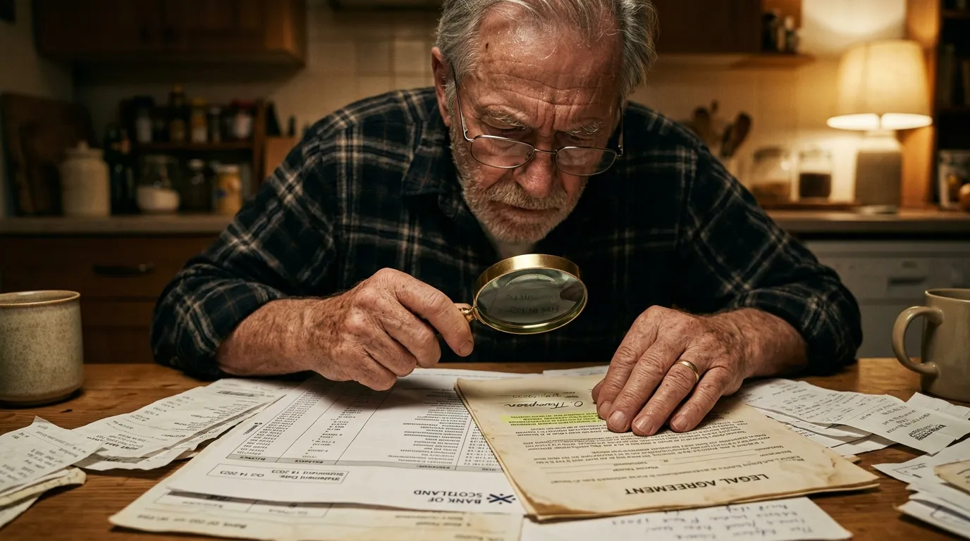 Elderly man examining financial records and a forged signature with a magnifying glass