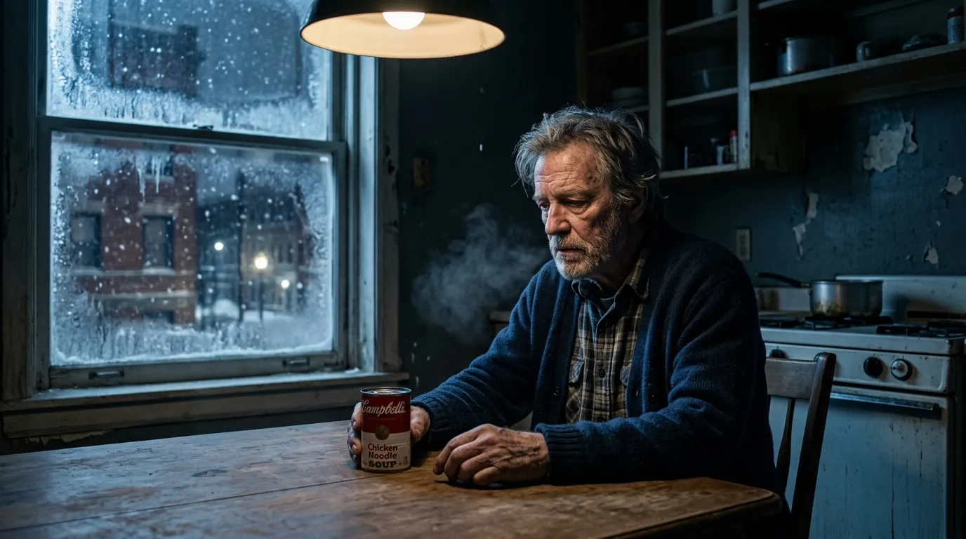 Elderly man in a freezing apartment looking at a can of soup