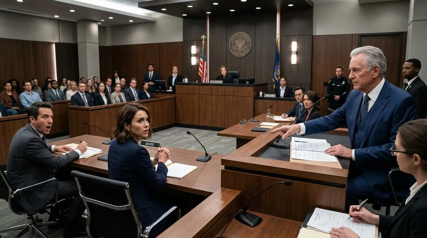Elderly man sitting confidently at a witness stand in a modern courtroom