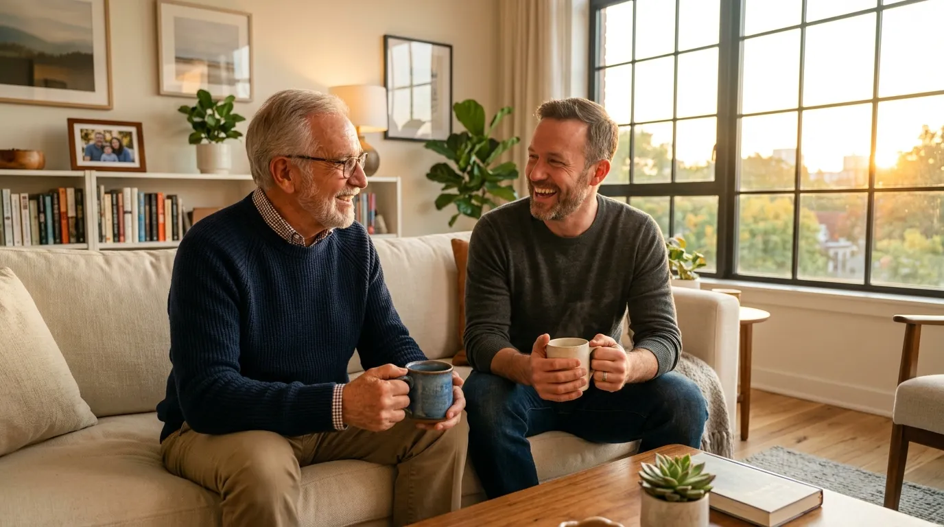 Elderly man and his adult son smiling in a bright, warm apartment