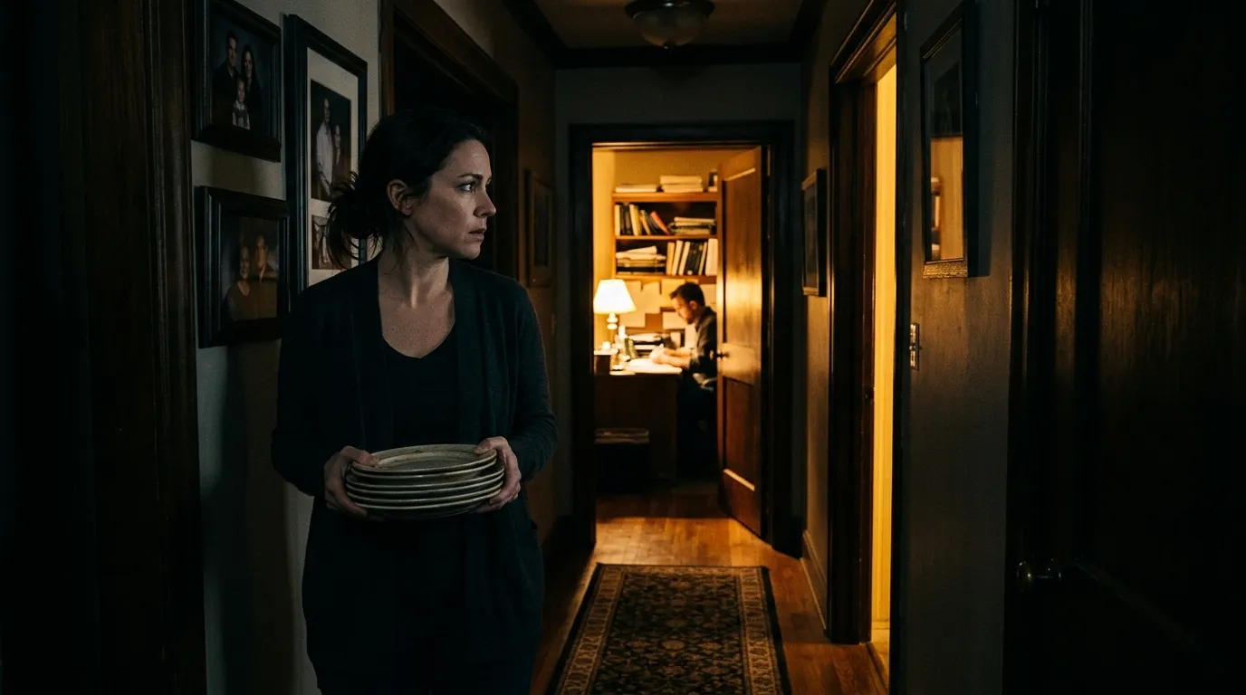 A woman holding dinner plates standing in a dimly lit hallway, looking at a door slightly ajar with warm light spilling out