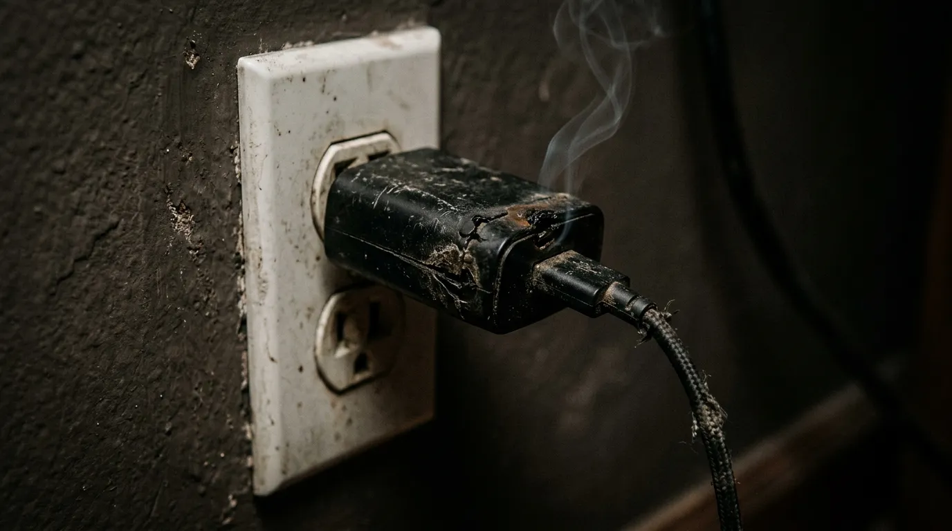 Close up of an old charger plugged into the wall emitting a tiny wisp of smoke.