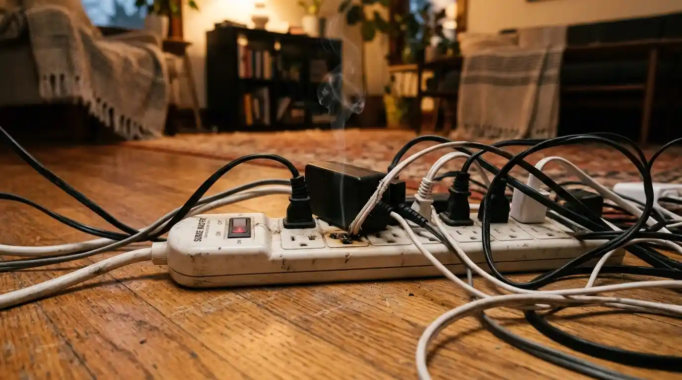 Overloaded power strip with many cords tangled and a faint wisp of smoke