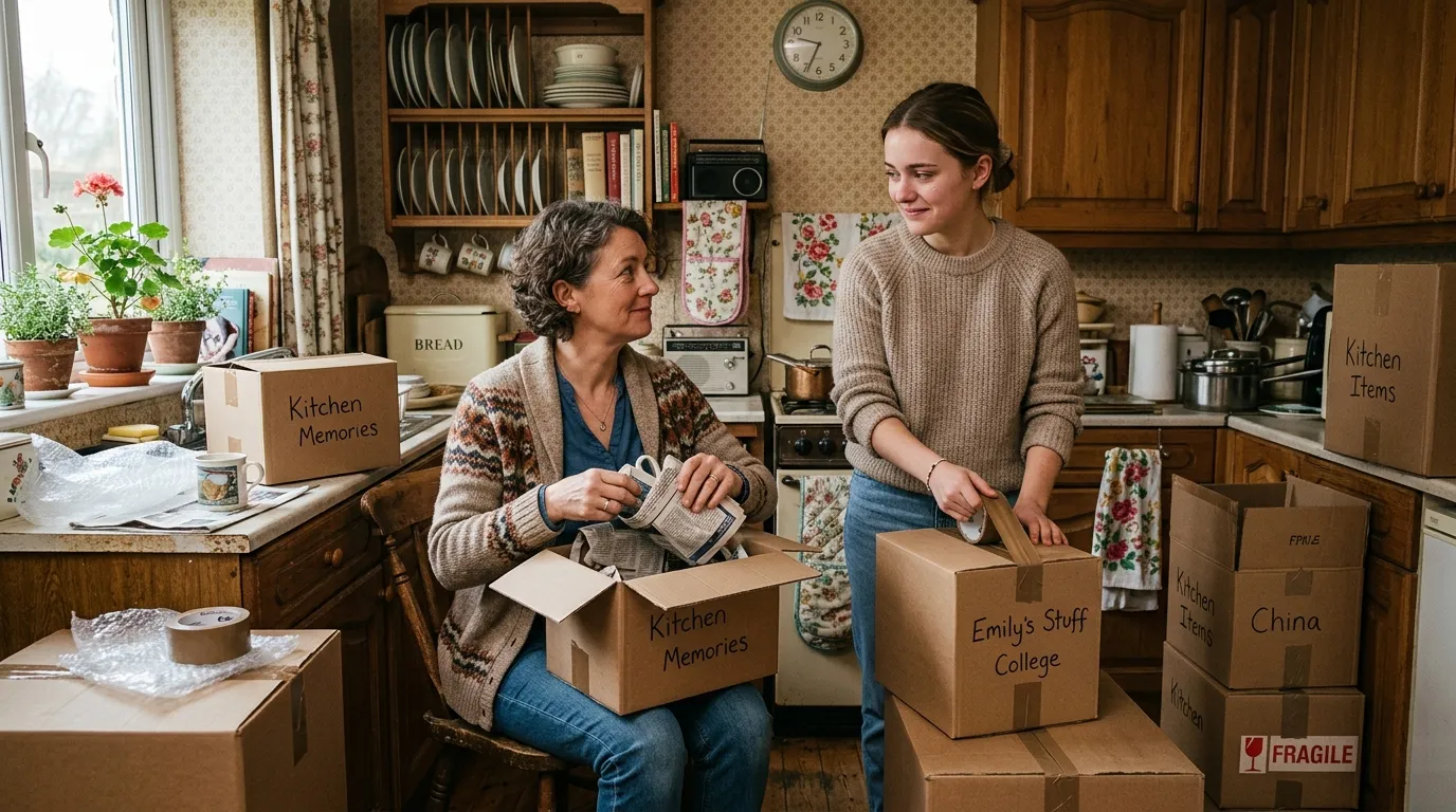 Mother and daughter packing boxes in a cozy home