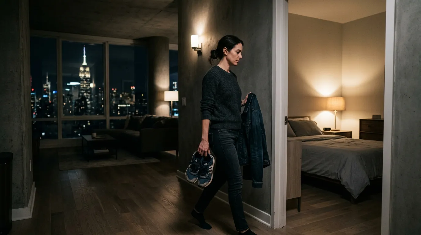 A woman packing a man's belongings into a guest room in a modern apartment