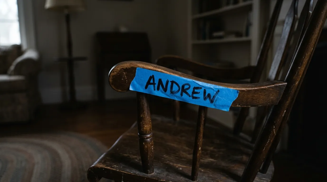 A close-up of an antique wooden rocking chair with a strip of blue painter's tape across the armrest, with the name ANDREW written on it in thick black marker.