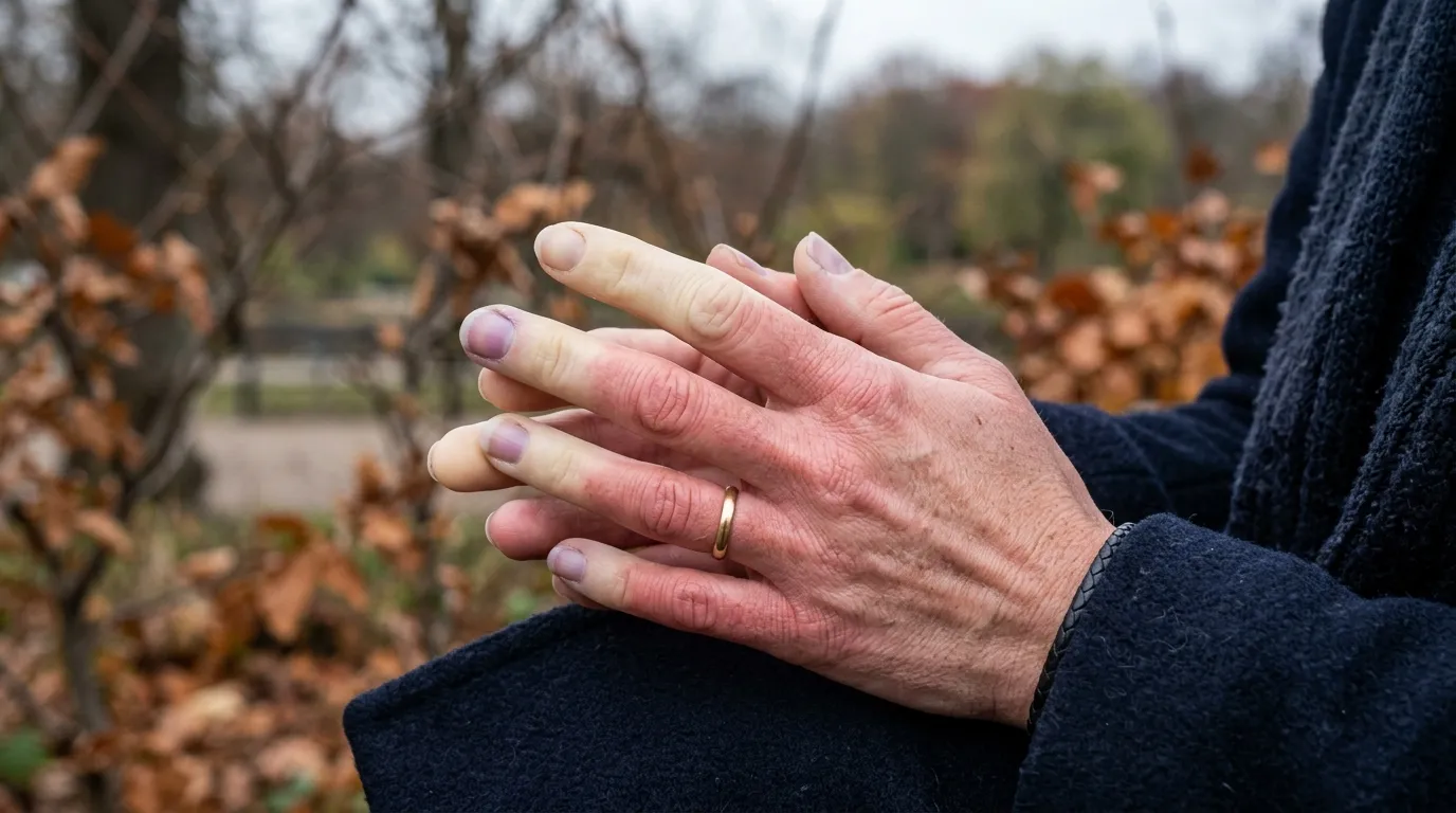 Close up of a hand showing pale white fingertips and red palms