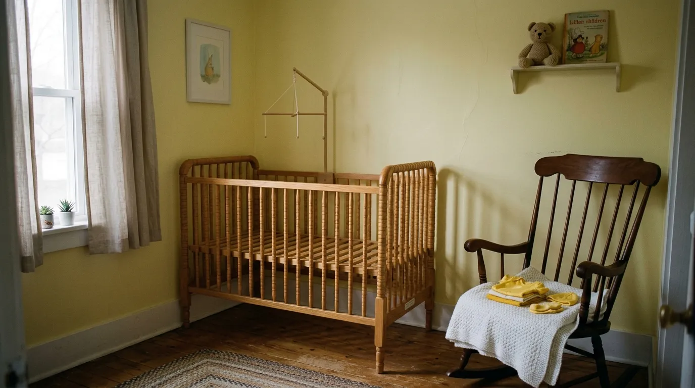 A dimly lit, pale-yellow nursery with an empty wooden crib and yellow clothes resting on a rocking chair.