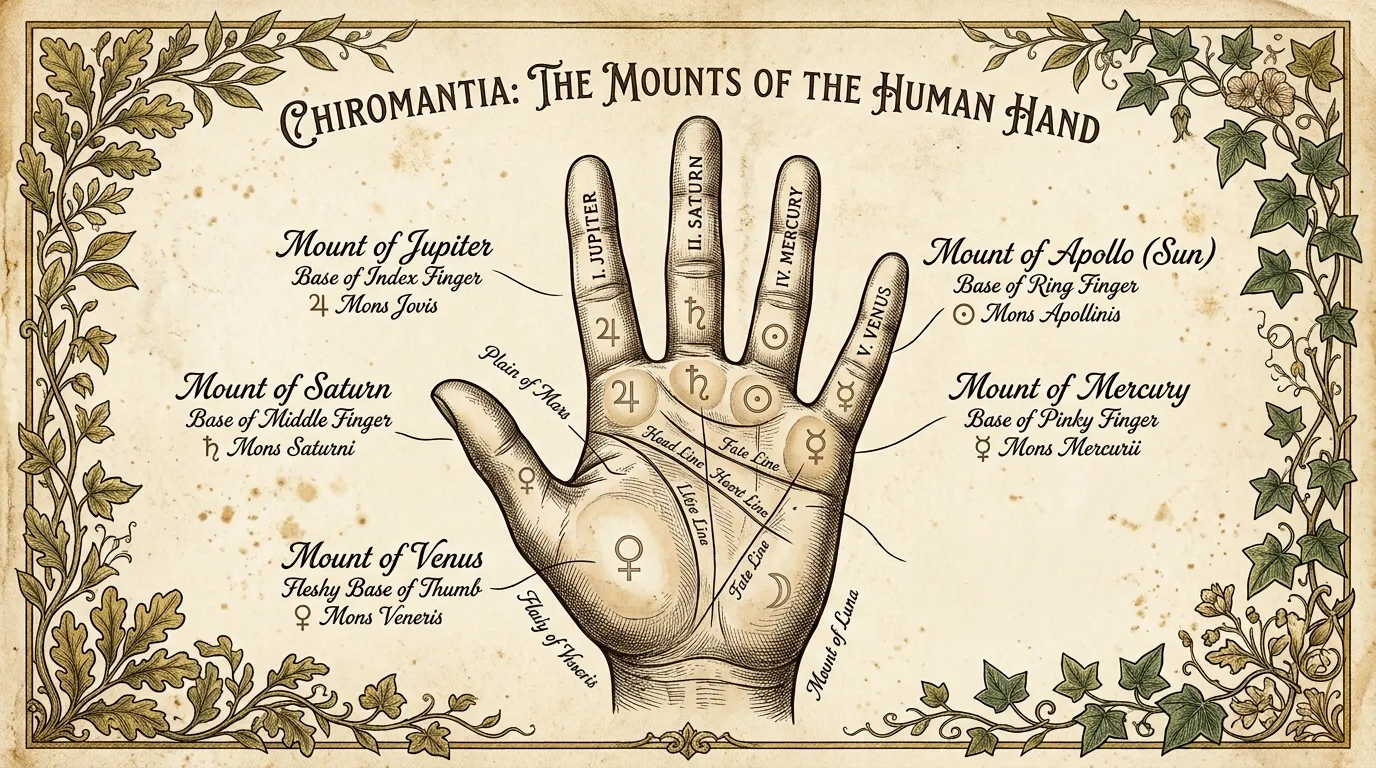 Vintage diagram illustrating the astrological mounts of the palm