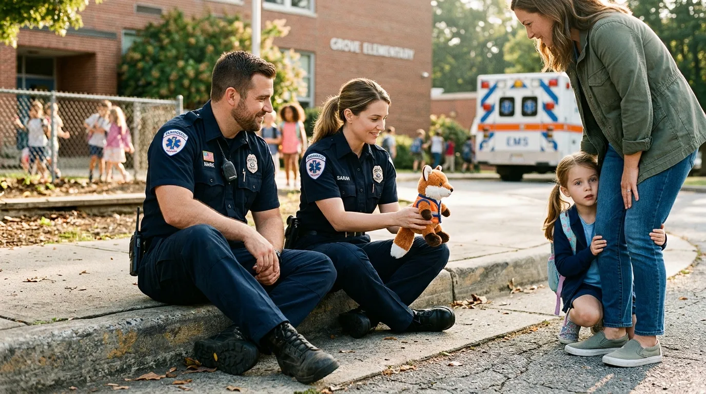 Two paramedics sitting on a curb holding a stuffed fox while a little girl peeks out from behind her mother.