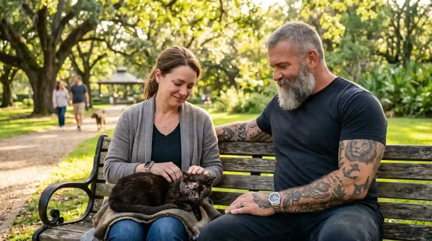 Grieving mother sitting on a park bench with a tattooed man while a scarred black cat sleeps on her lap