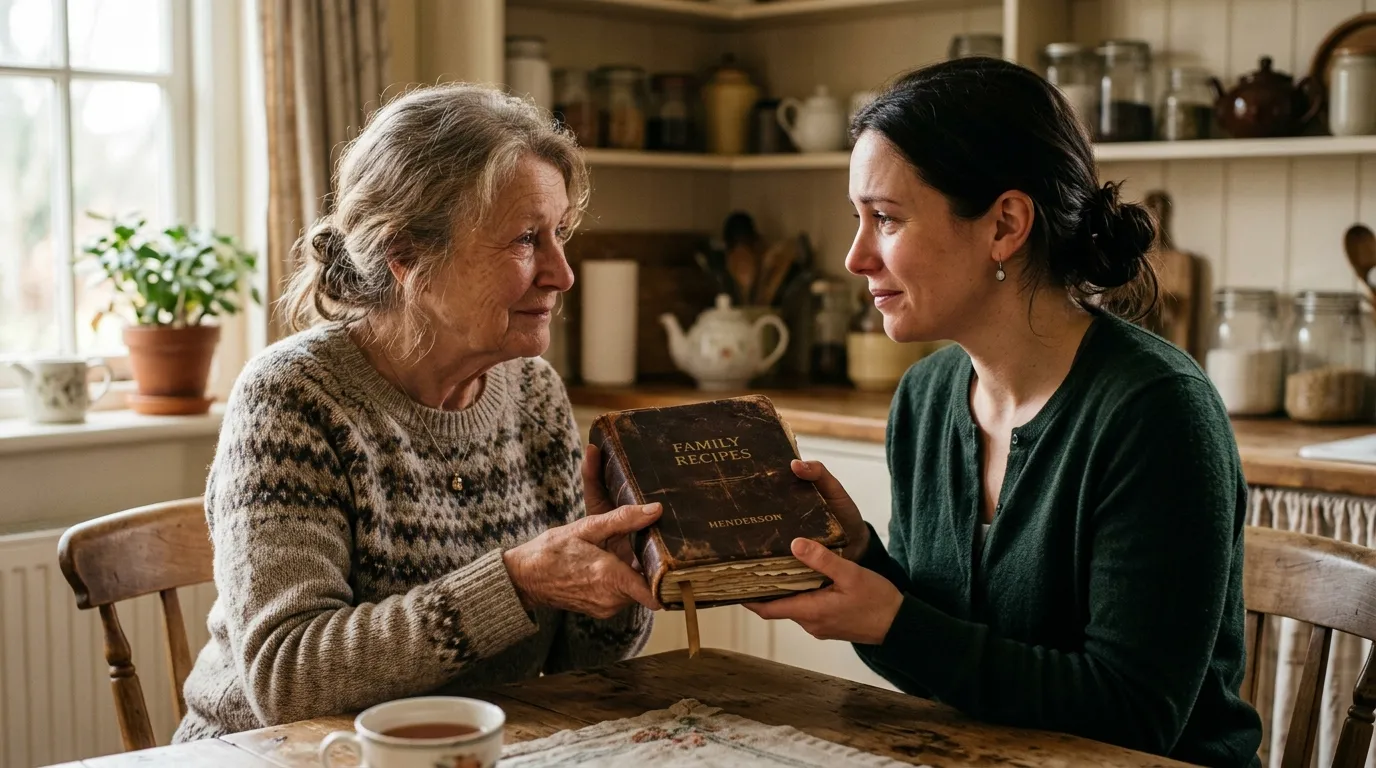 An older woman gently handing a worn, leather-bound recipe book to a younger woman in a kitchen, both looking resolved.