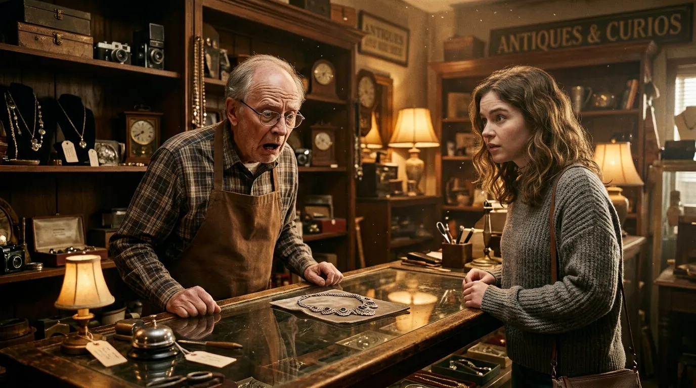 An older pawn shop owner staring in absolute shock at a necklace on his counter while a young woman looks on.