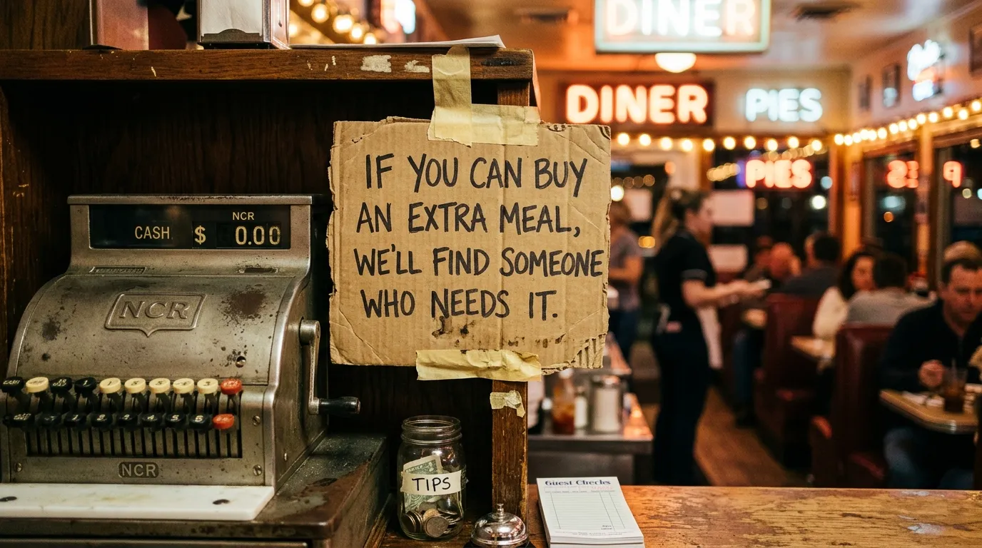 Handwritten sign reading 'If you can buy an extra meal, we'll find someone who needs it'