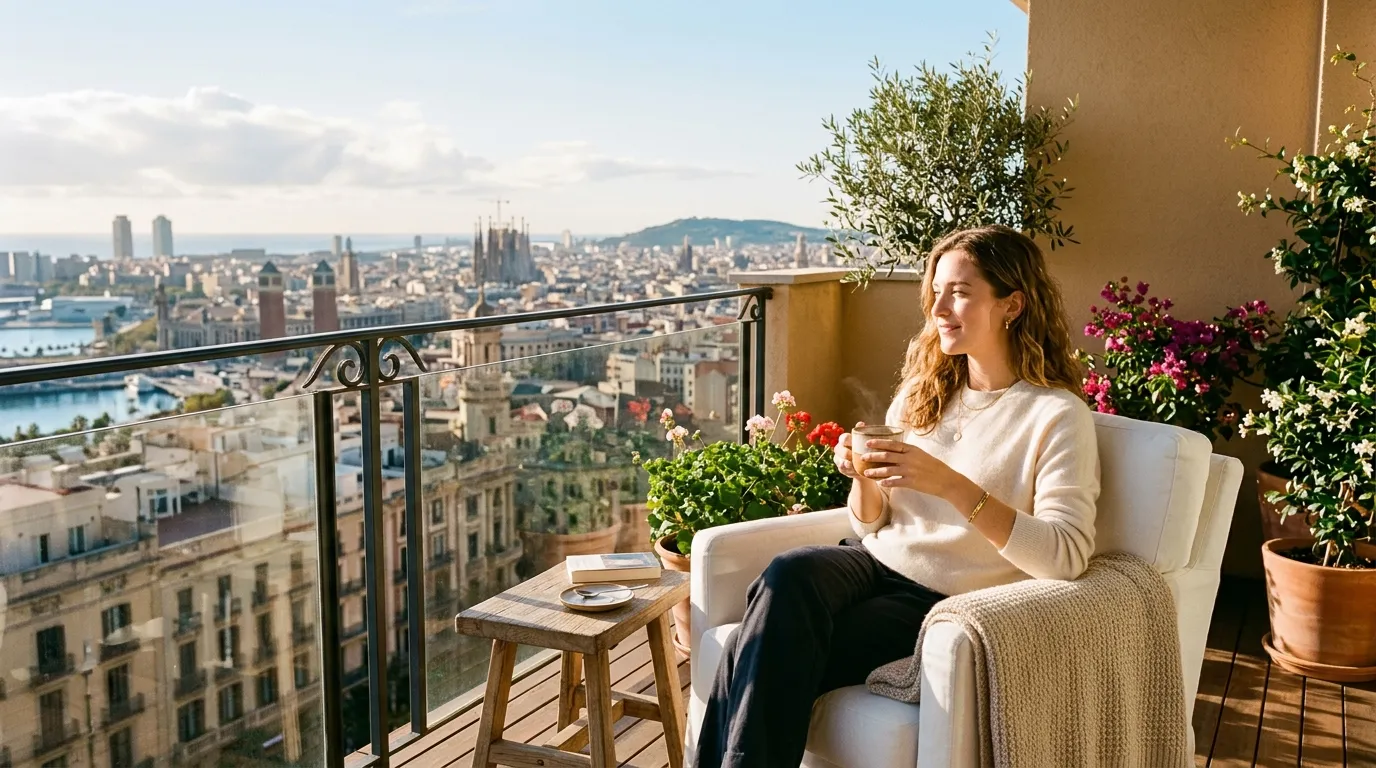 A relaxed woman sitting peacefully on a sunlit balcony holding a warm cup of coffee, looking out over a beautiful city skyline.