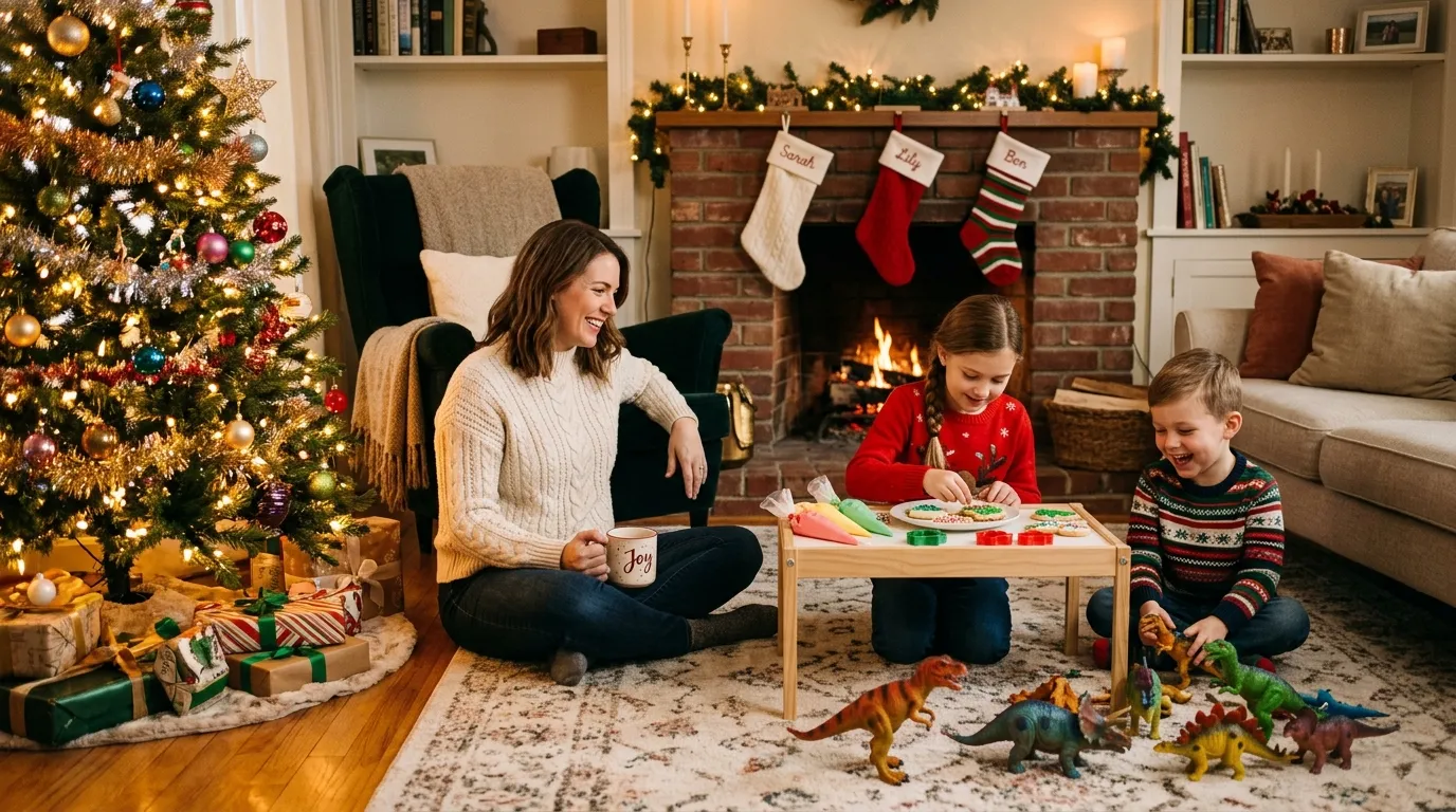 A mother smiling peacefully next to a Christmas tree while her children play.