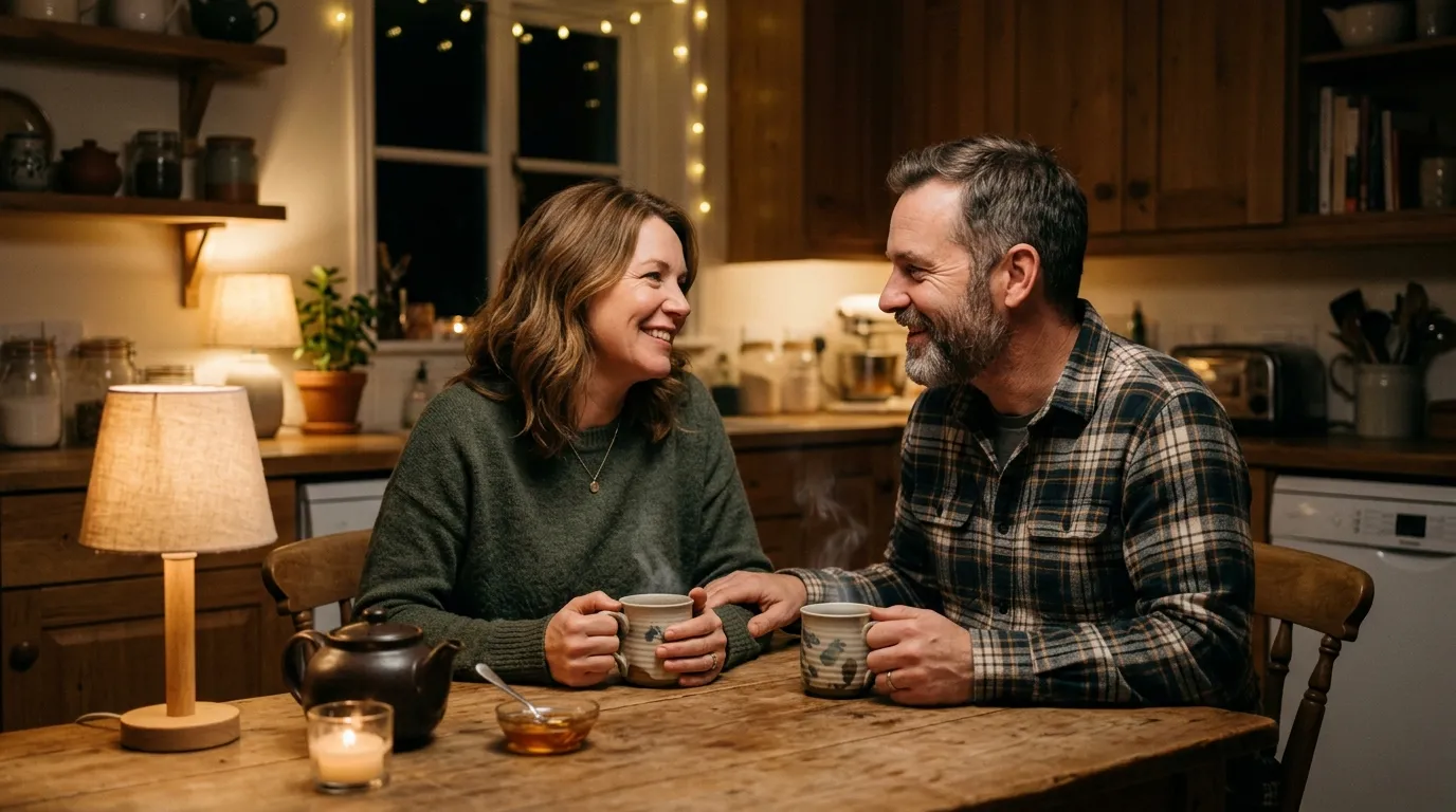 Couple drinking tea peacefully in their kitchen