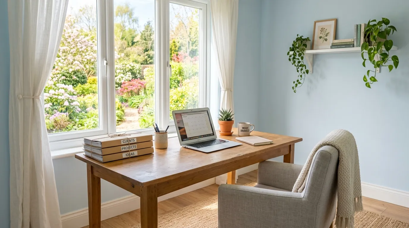A bright, peaceful, and sunlit home office with freshly painted pale blue walls.