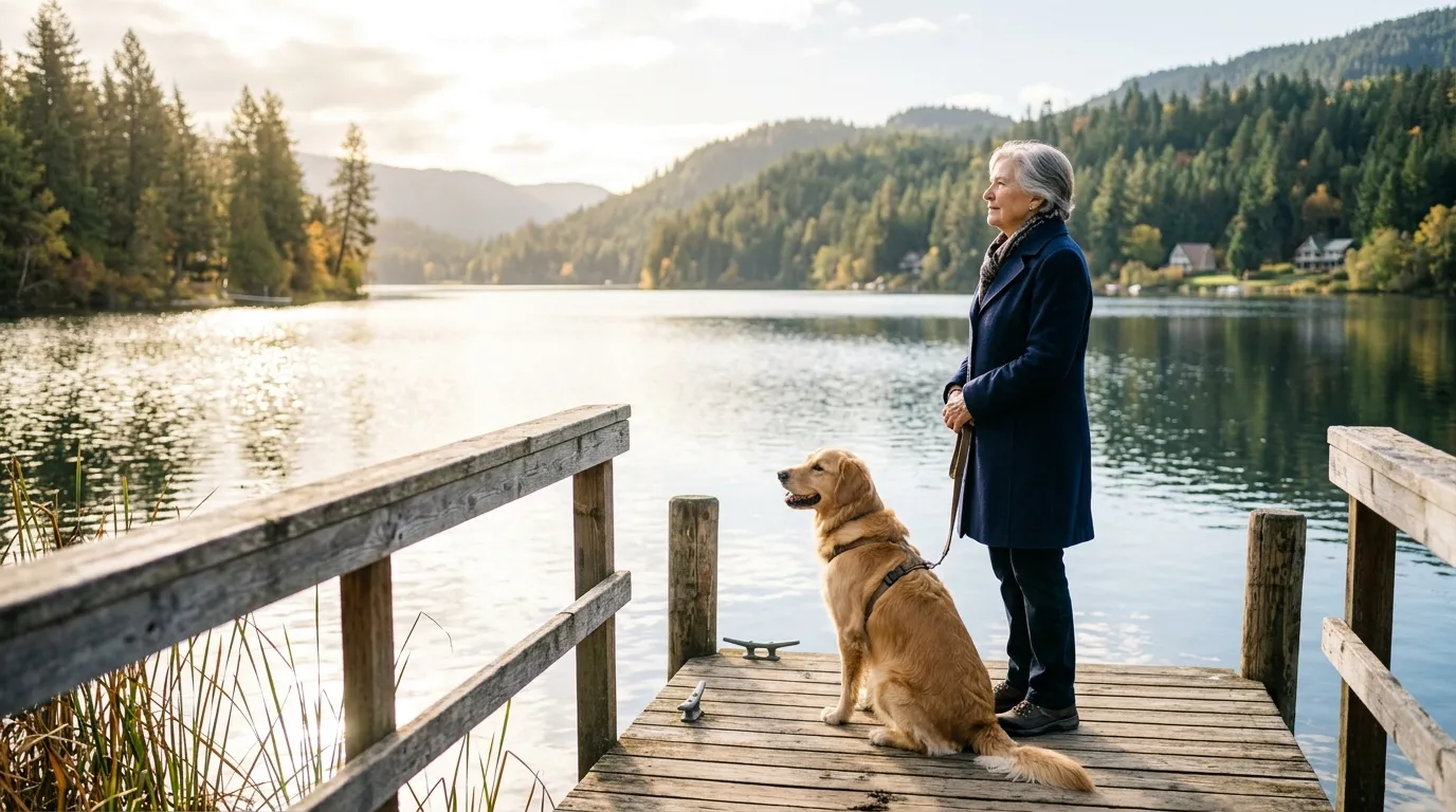 An older woman in a navy coat stands on a dock looking over a calm lake, a Golden Retriever by her side.
