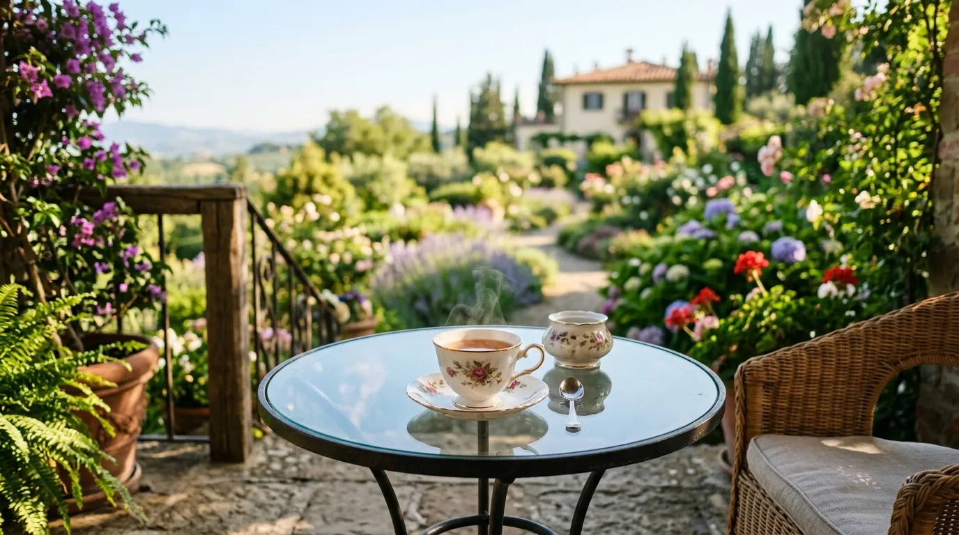 A delicate teacup resting on an outdoor table in the morning sun