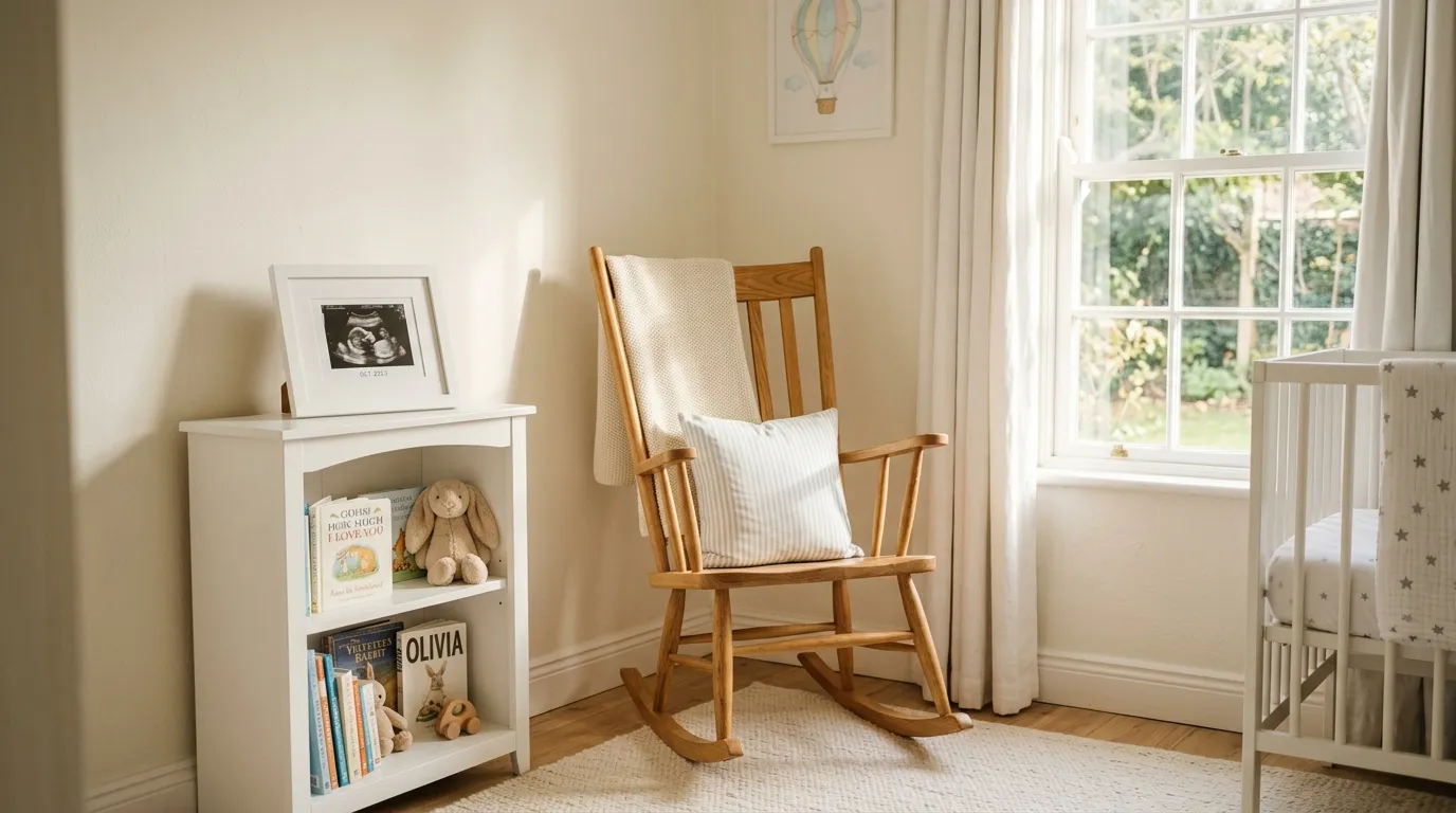 A bright, sunlit baby nursery with pale walls, a cozy rocking chair, and a white framed ultrasound picture on a bookshelf.