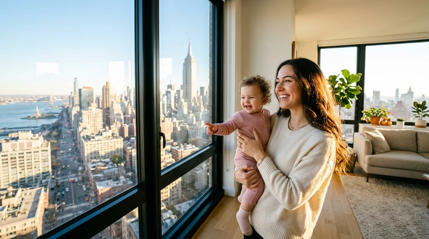 Mother and baby looking out a penthouse window