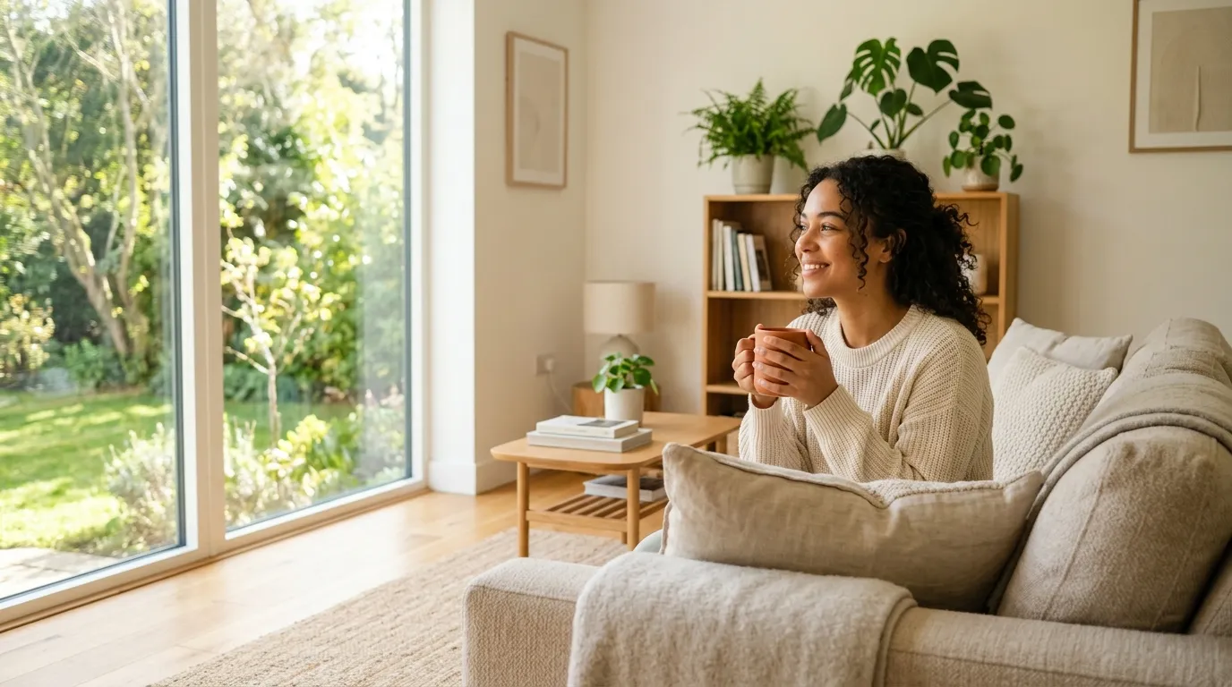 Maya relaxing on a sofa in a sunlit, peaceful living room with a coffee mug