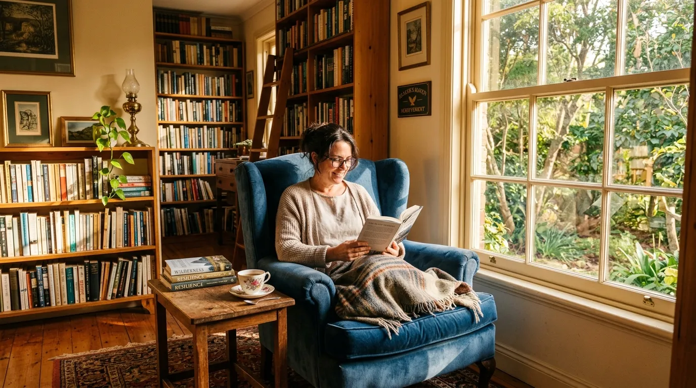 A quiet, sunlit reading room with a cozy armchair and tall bookshelves