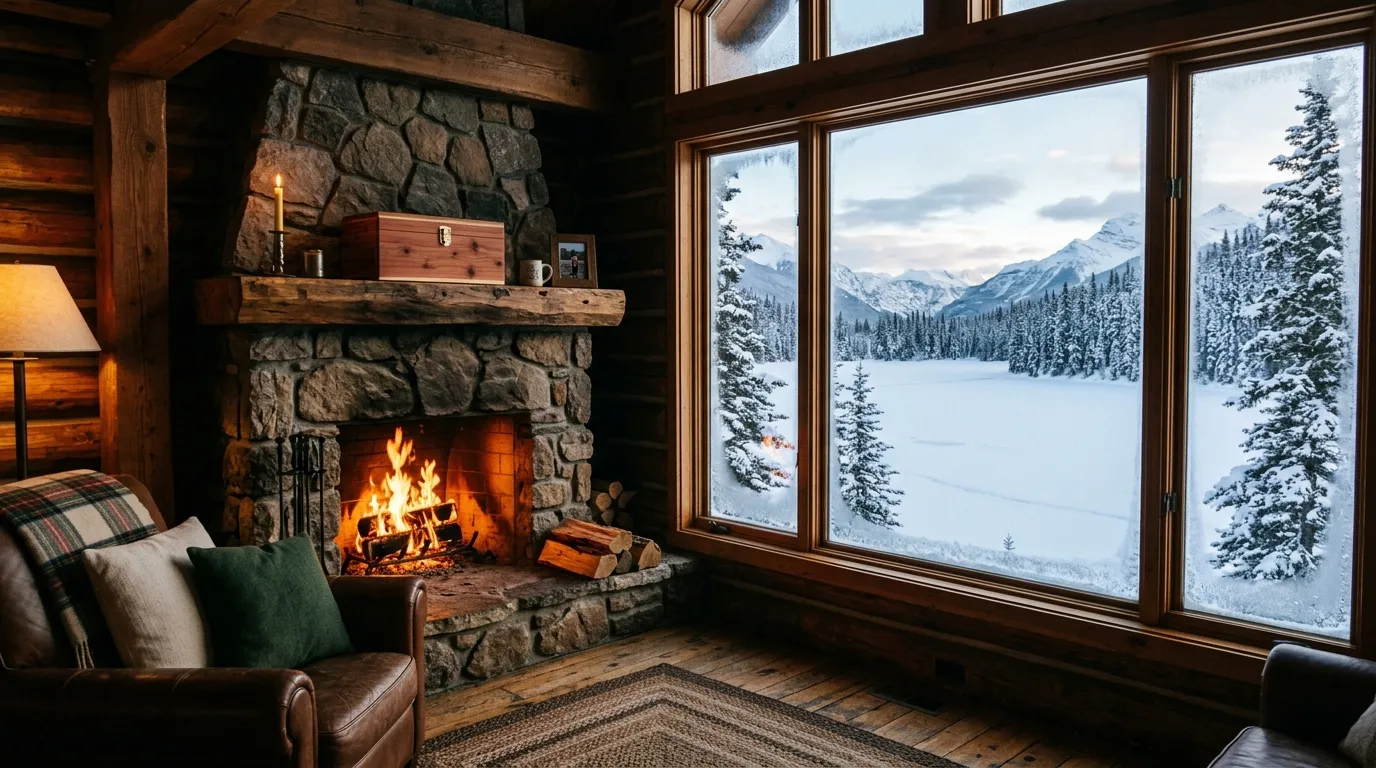 A peaceful view from inside a cozy cabin with a roaring fireplace, looking out a large window at a serene, snow-covered lake.