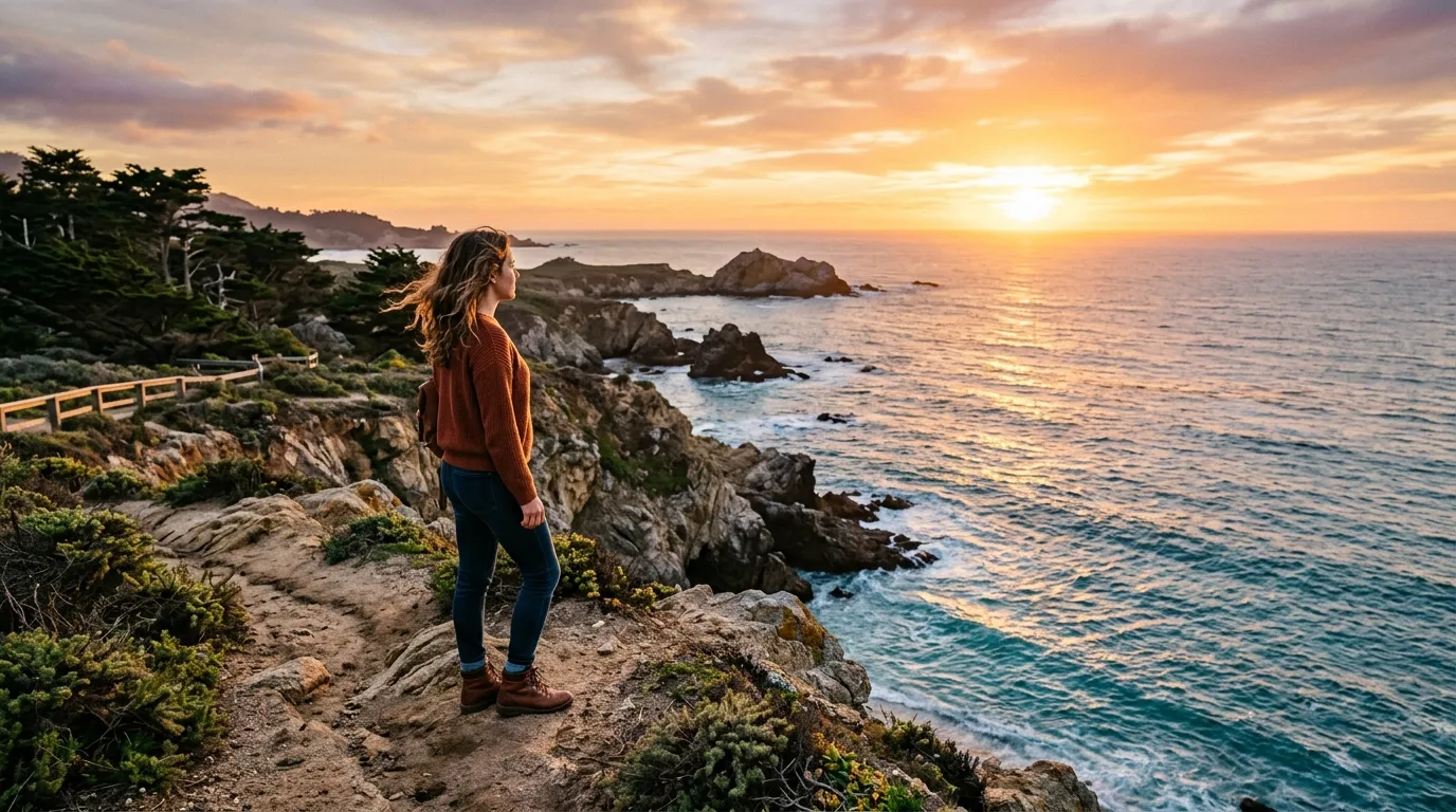 A woman standing on a beautiful coastal cliff in Carmel, California, looking out at the peaceful ocean at sunset.