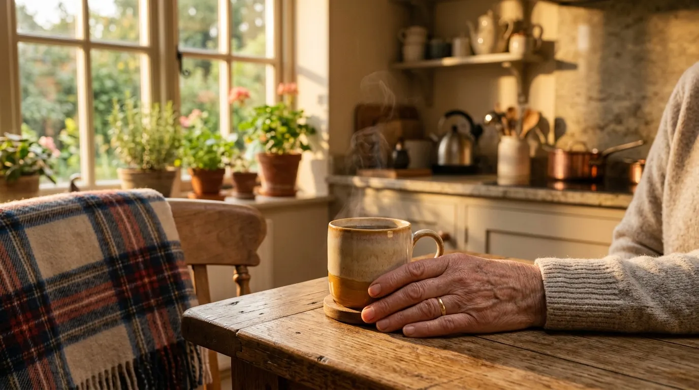 A peaceful, sunlit kitchen with a warm, inviting atmosphere, an older woman's hand resting on a coffee cup next to a cozy plaid blanket.