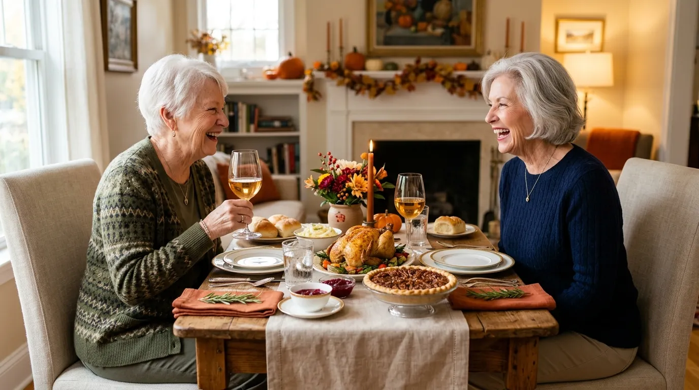 A beautifully set Thanksgiving table for two, featuring a small roasted chicken and two older women laughing together.