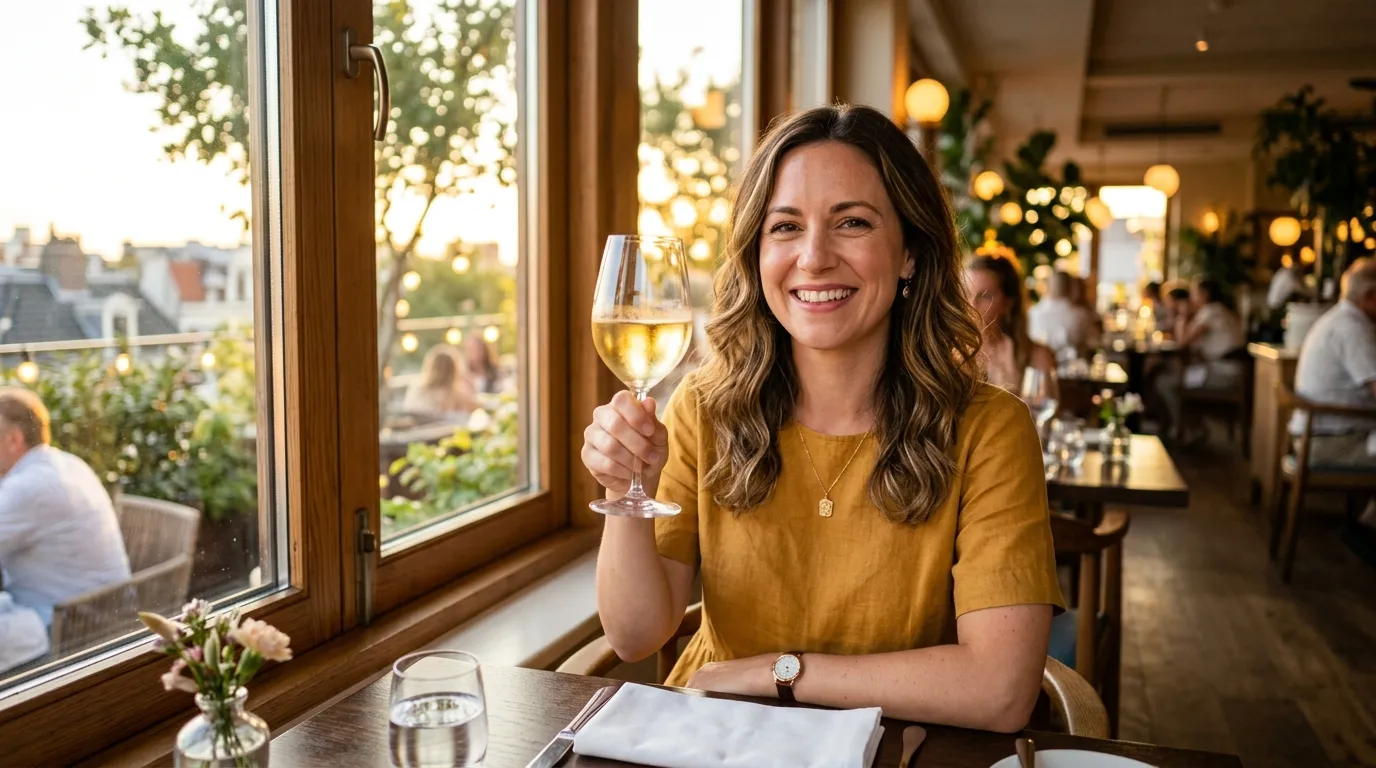 A young woman smiling brightly and raising a glass of wine in a peaceful restaurant.
